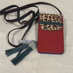 Crossbody Phone Pouch with Leopard Accent in Red and Teal